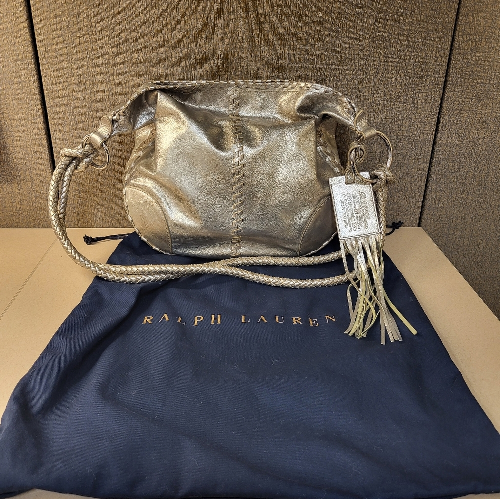 Ralph Lauren Metallic Gold Braided Shoulder Bag with Tassel - Picture 2 of 11